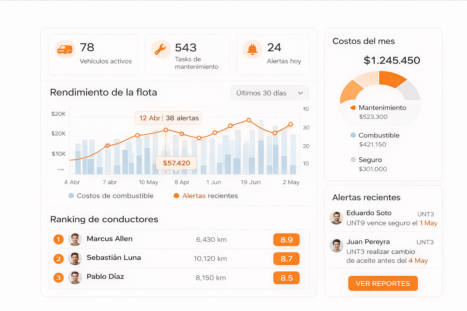 Paneles y reportes de Torosoft Fleet